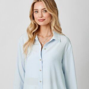MYSTREE Textured Light Blue Button Front Blouse Long Sleeve Collared Top